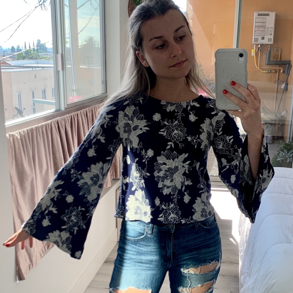 Navy Bell Sleeve Embroidered Top